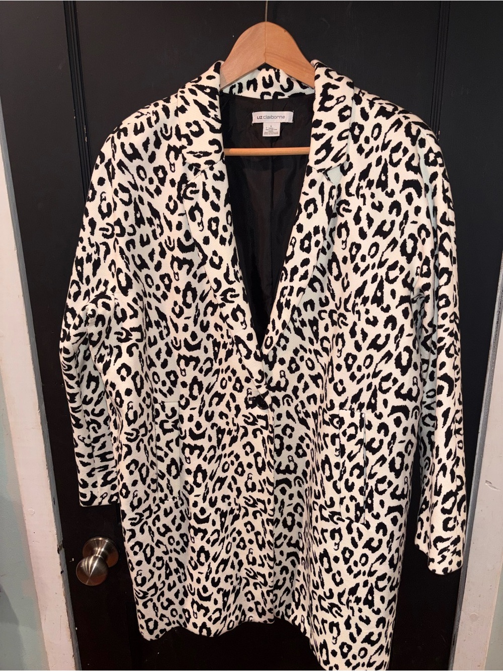 Liz Claiborne Leopard Print Long Blazer Coat Black Ivory 100% Cotton Size Large